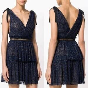 Self-Portrait Navy Metallic Tiered Lace Mini Dress with Tie Straps